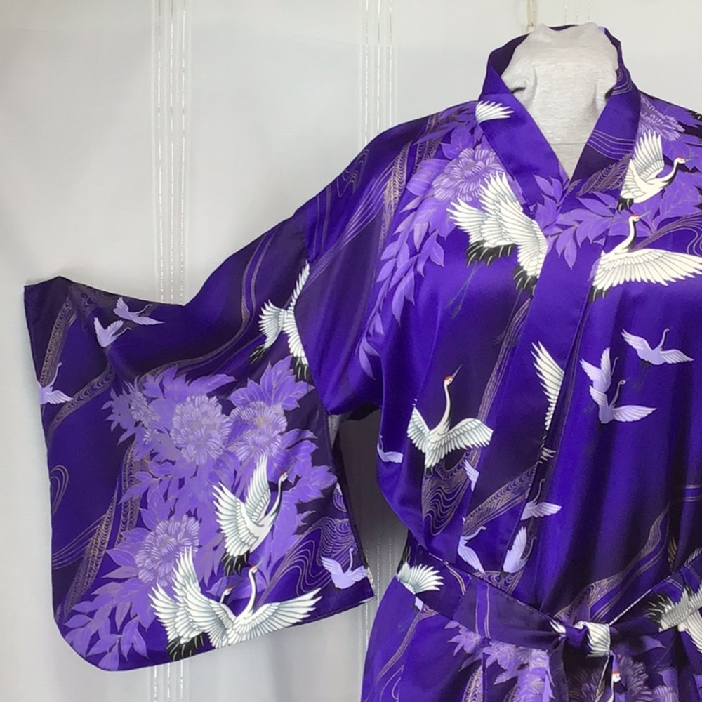 🆕 ⛩️ Kimono Robe Multi Purple Floral White Cranes Full Length Self Tie Belt